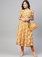 Thumbnail for Jompers Women Beige, Orange & Green Floral Printed Georgette Kurta - Distacart