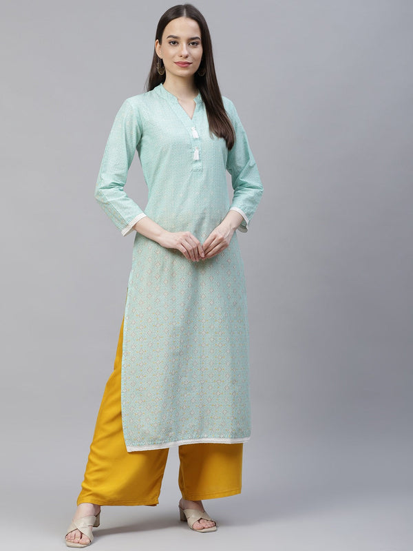 Jompers Women Blue & Off White Pure Cotton Ethnic Motifs Printed Kurta - Distacart