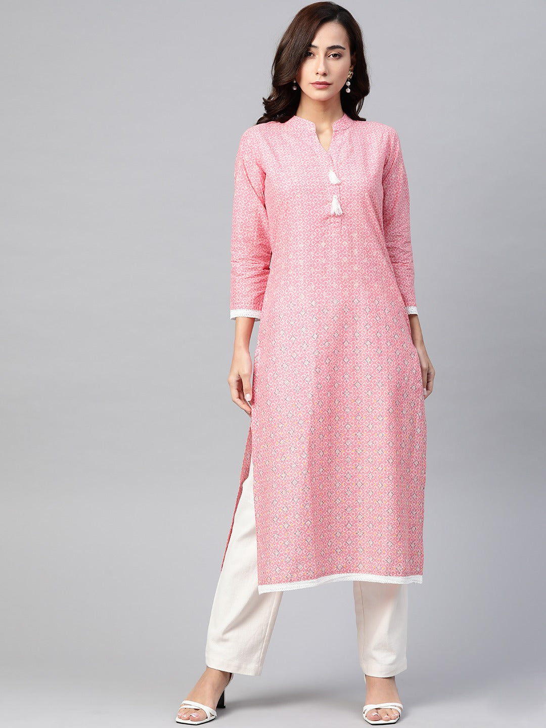 Jompers Women Pink & Off White Pure Cotton Ethnic Motifs Printed Kurta - Distacart