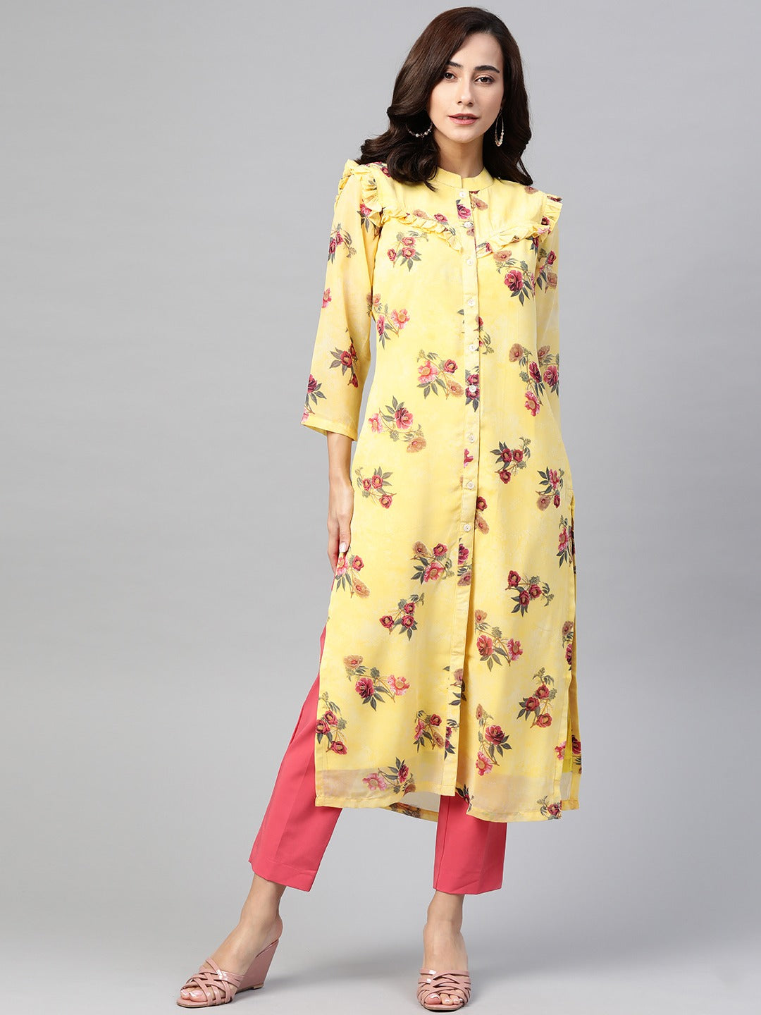 Jompers Women Yelloe & Pink Floral Printed Frills Bows and Ruffles Straight Kurta - Distacart
