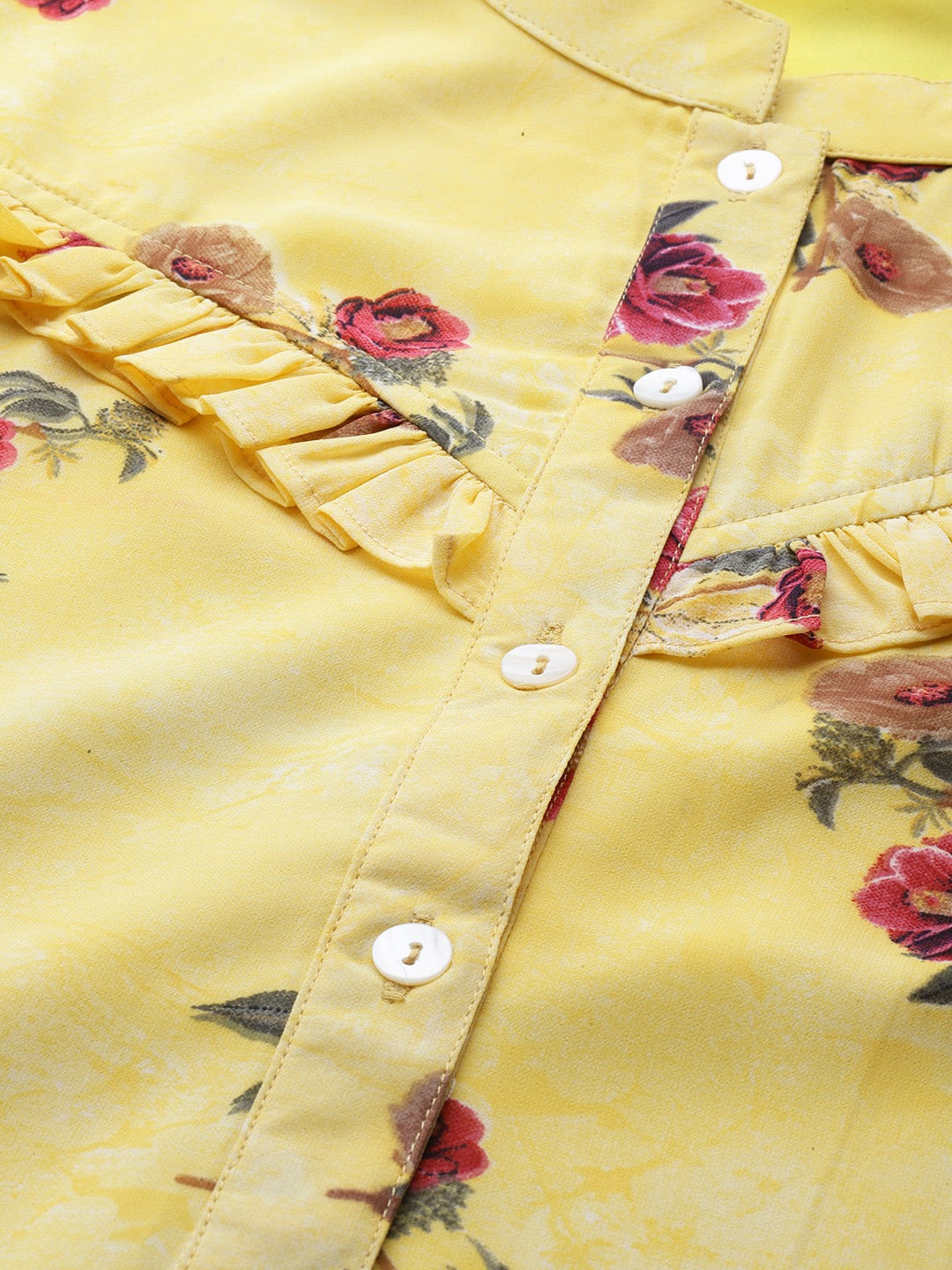 Jompers Women Yelloe & Pink Floral Printed Frills Bows and Ruffles Straight Kurta - Distacart