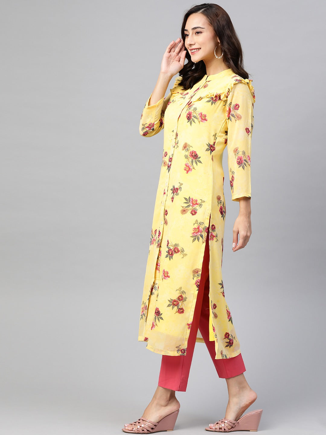 Jompers Women Yelloe & Pink Floral Printed Frills Bows and Ruffles Straight Kurta - Distacart
