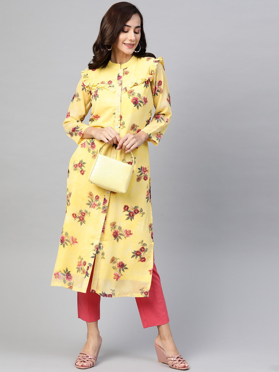 Jompers Women Yelloe & Pink Floral Printed Frills Bows and Ruffles Straight Kurta - Distacart