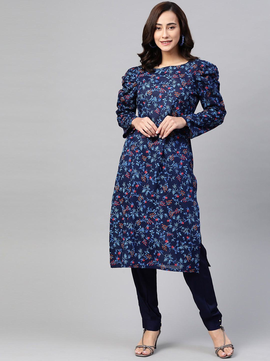 Jompers Women Navy Blue & Red Floral Printed Floral Straight Kurta - Distacart