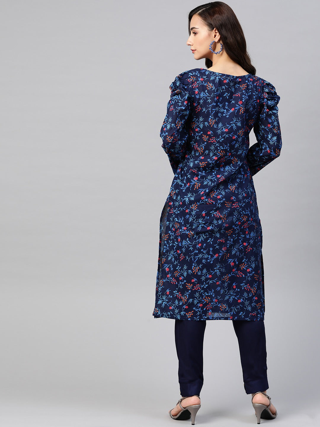 Jompers Women Navy Blue & Red Floral Printed Floral Straight Kurta - Distacart