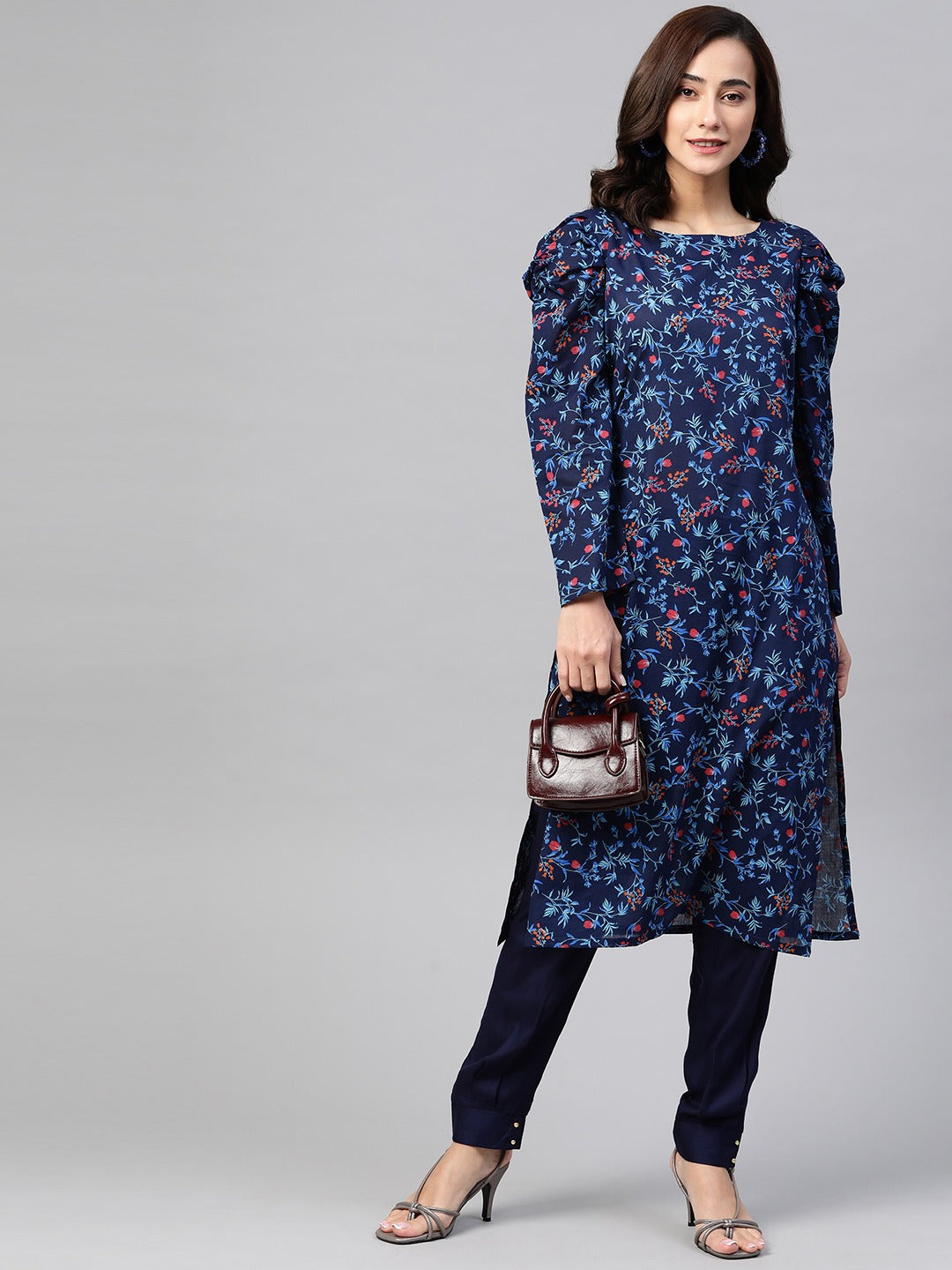 Jompers Women Navy Blue & Red Floral Printed Floral Straight Kurta - Distacart