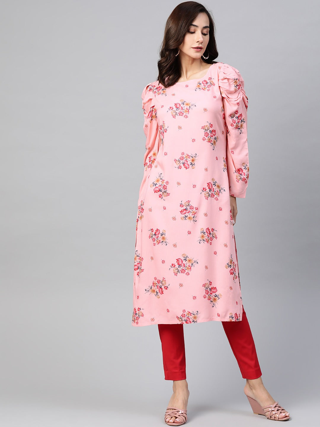 Jompers Women Pink & Red Floral Printed Kurta - Distacart