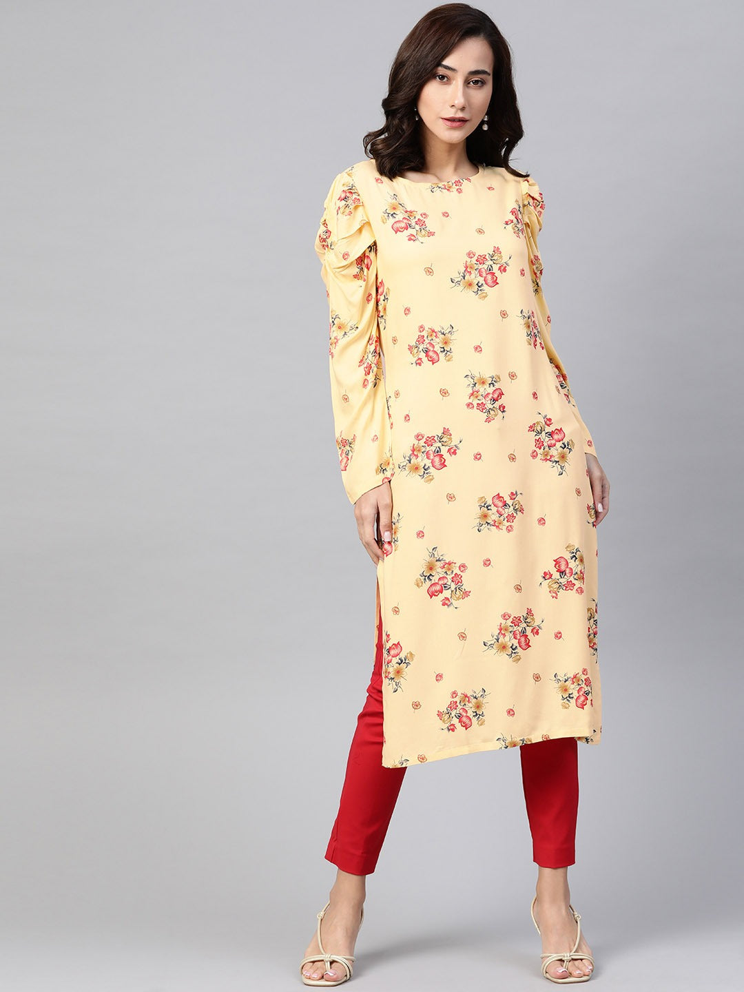 Jompers Women Yellow & Red Floral Printed Kurta - Distacart