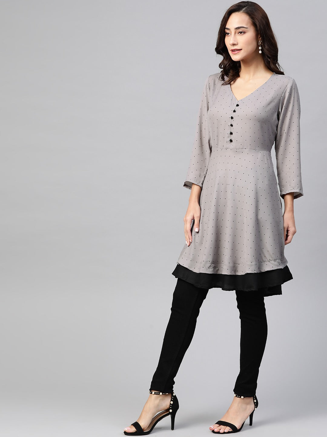 Jompers Women Grey & Black Polka Dots Printed Flaired Kurta - Distacart