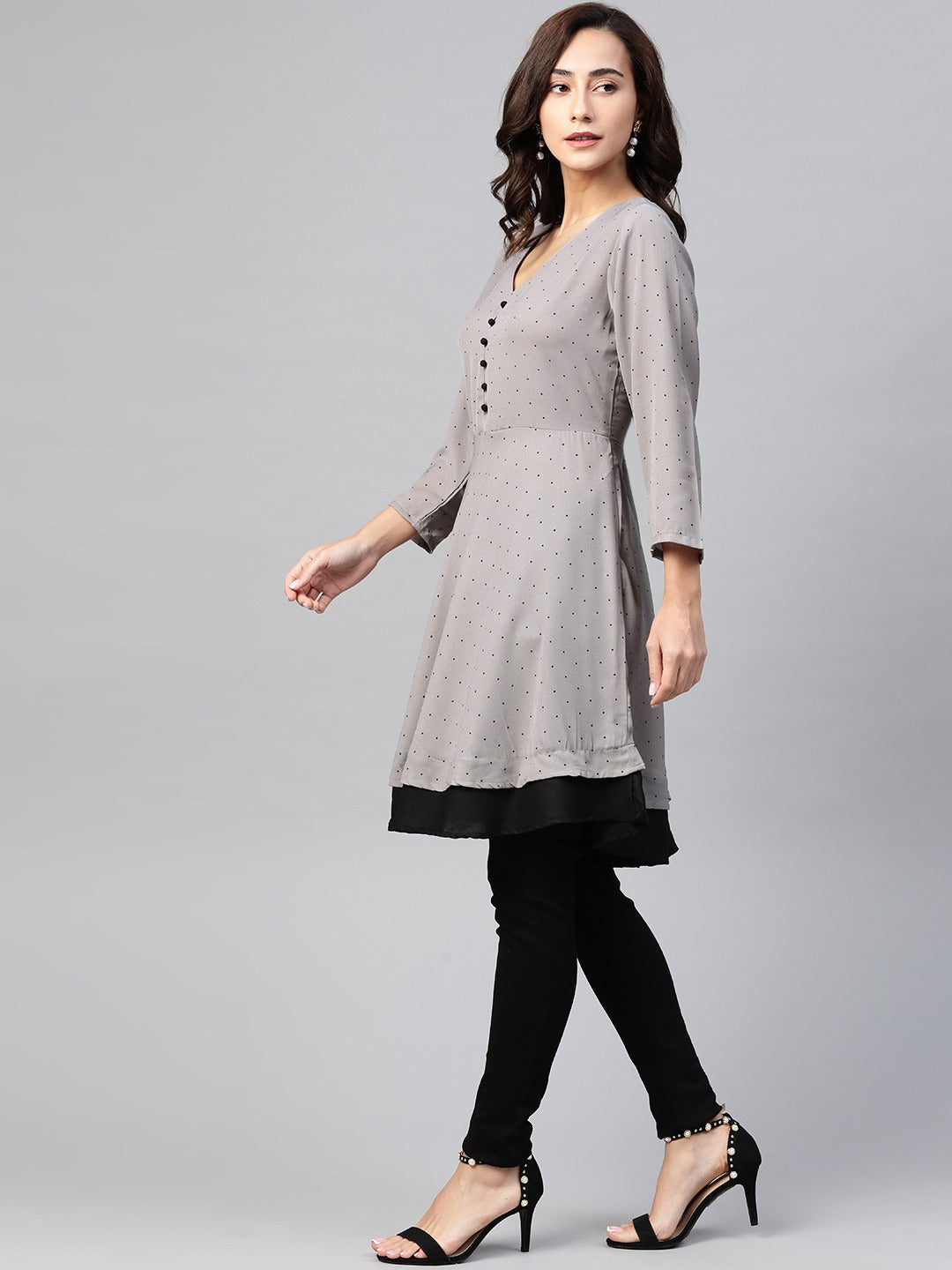 Jompers Women Grey & Black Polka Dots Printed Flaired Kurta - Distacart