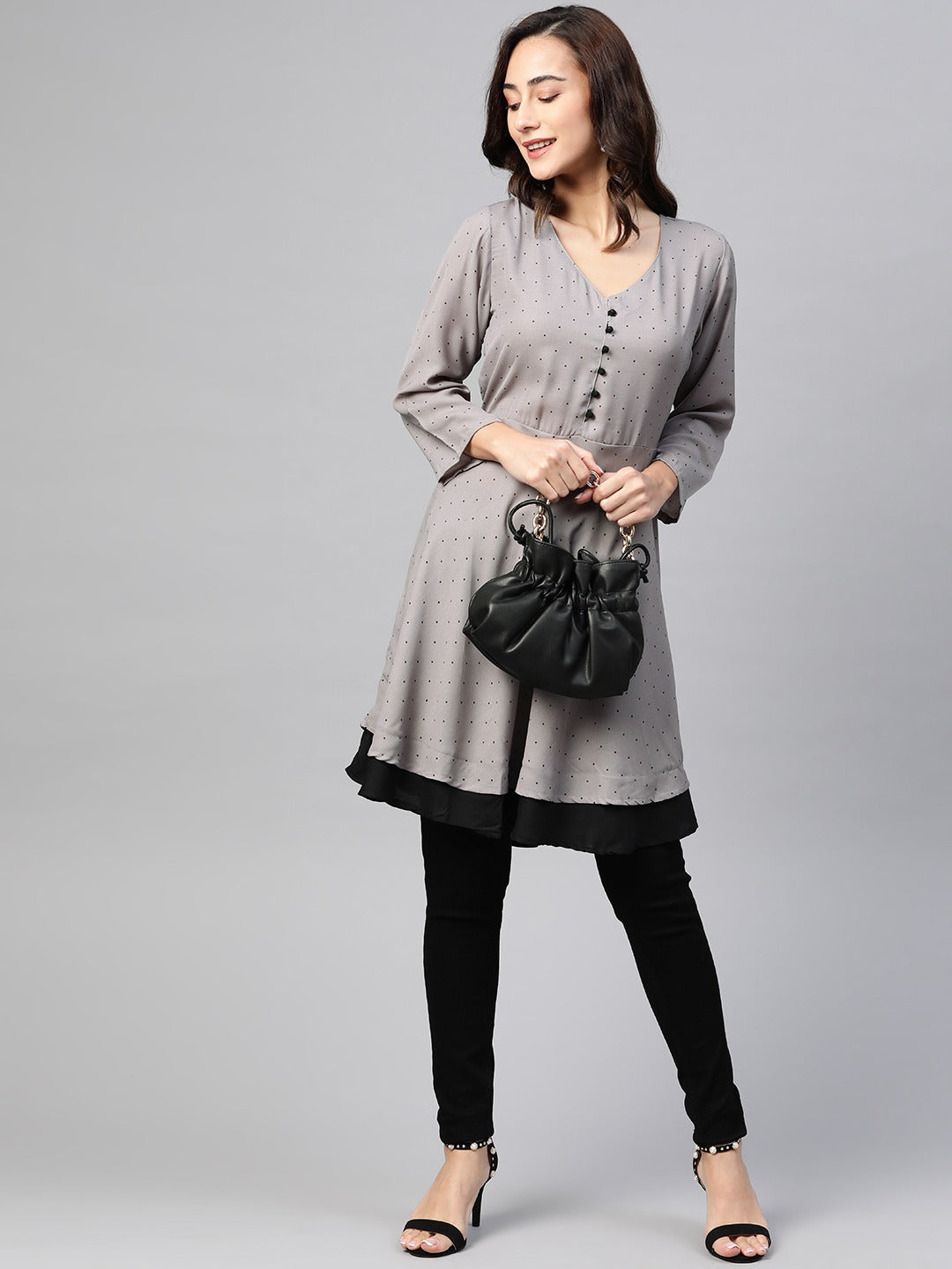 Jompers Women Grey & Black Polka Dots Printed Flaired Kurta - Distacart