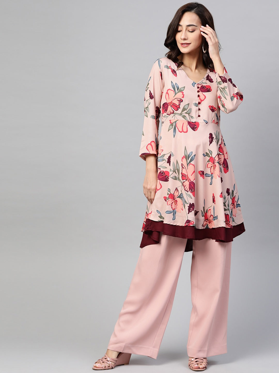 Jompers Women Peach & Maroon Floral Printed Floral Flared Kurta - Distacart