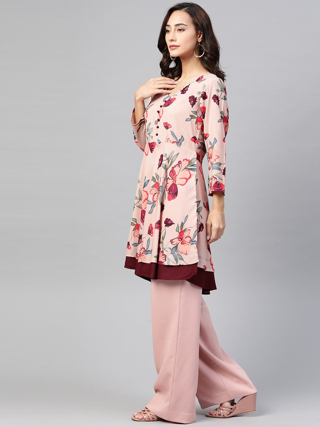 Jompers Women Peach & Maroon Floral Printed Floral Flared Kurta - Distacart