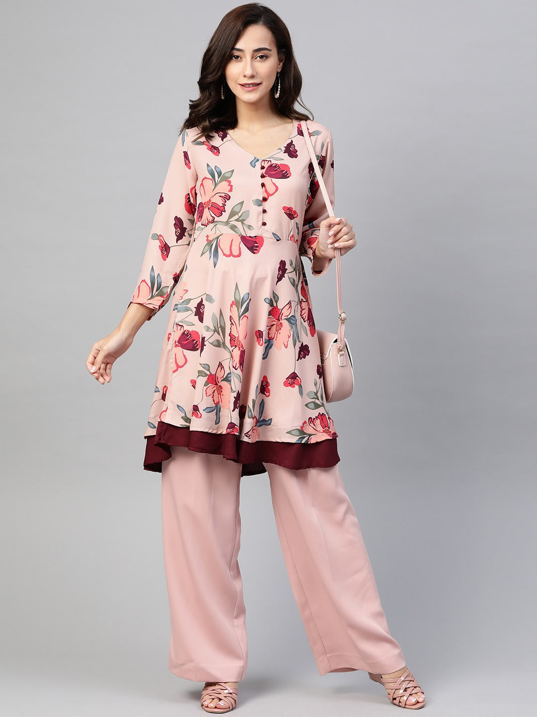 Jompers Women Peach & Maroon Floral Printed Floral Flared Kurta - Distacart
