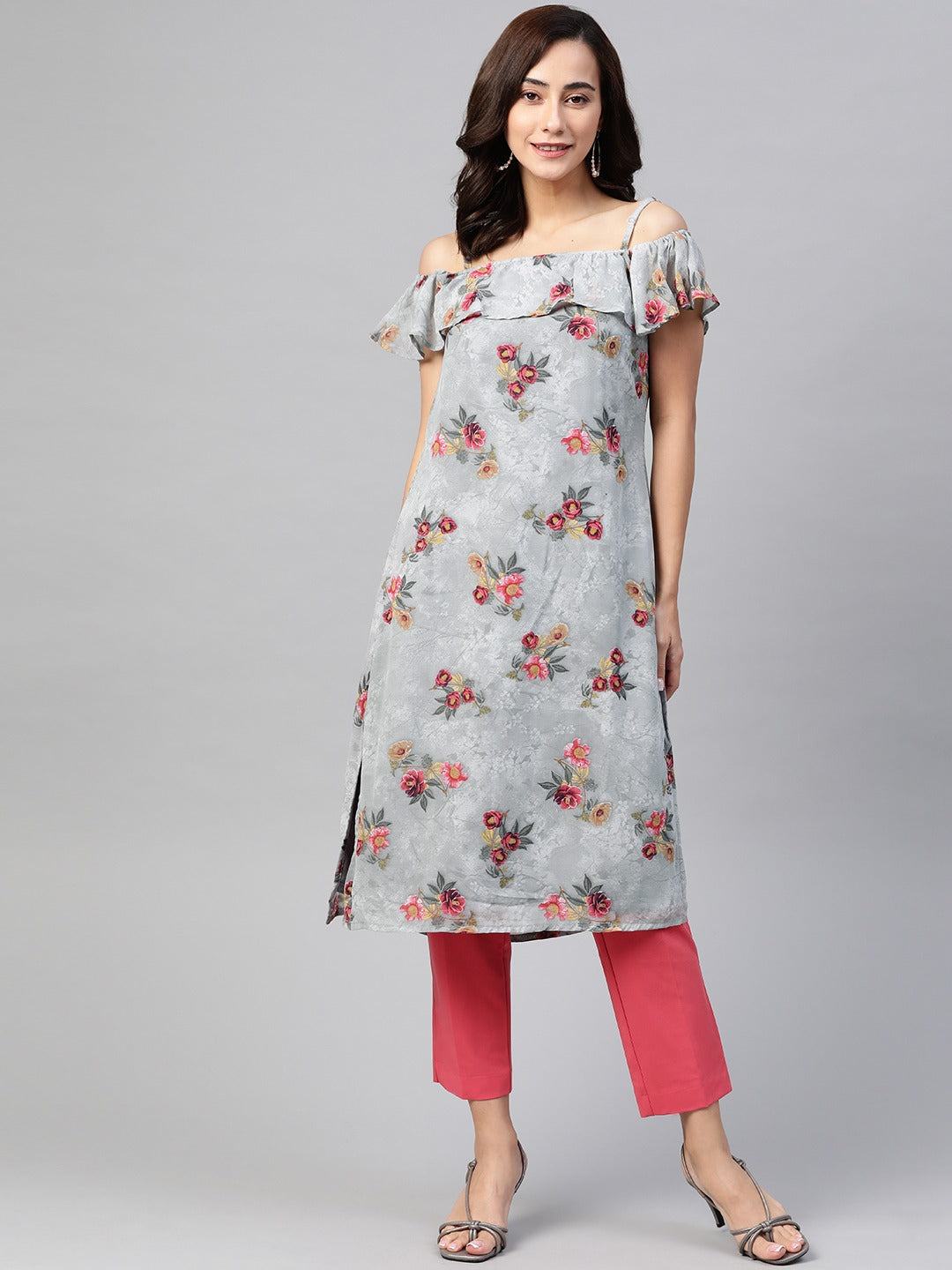 Jompers Women Grey & Pink Floral Printed Off-Shoulder Floral Kurta - Distacart