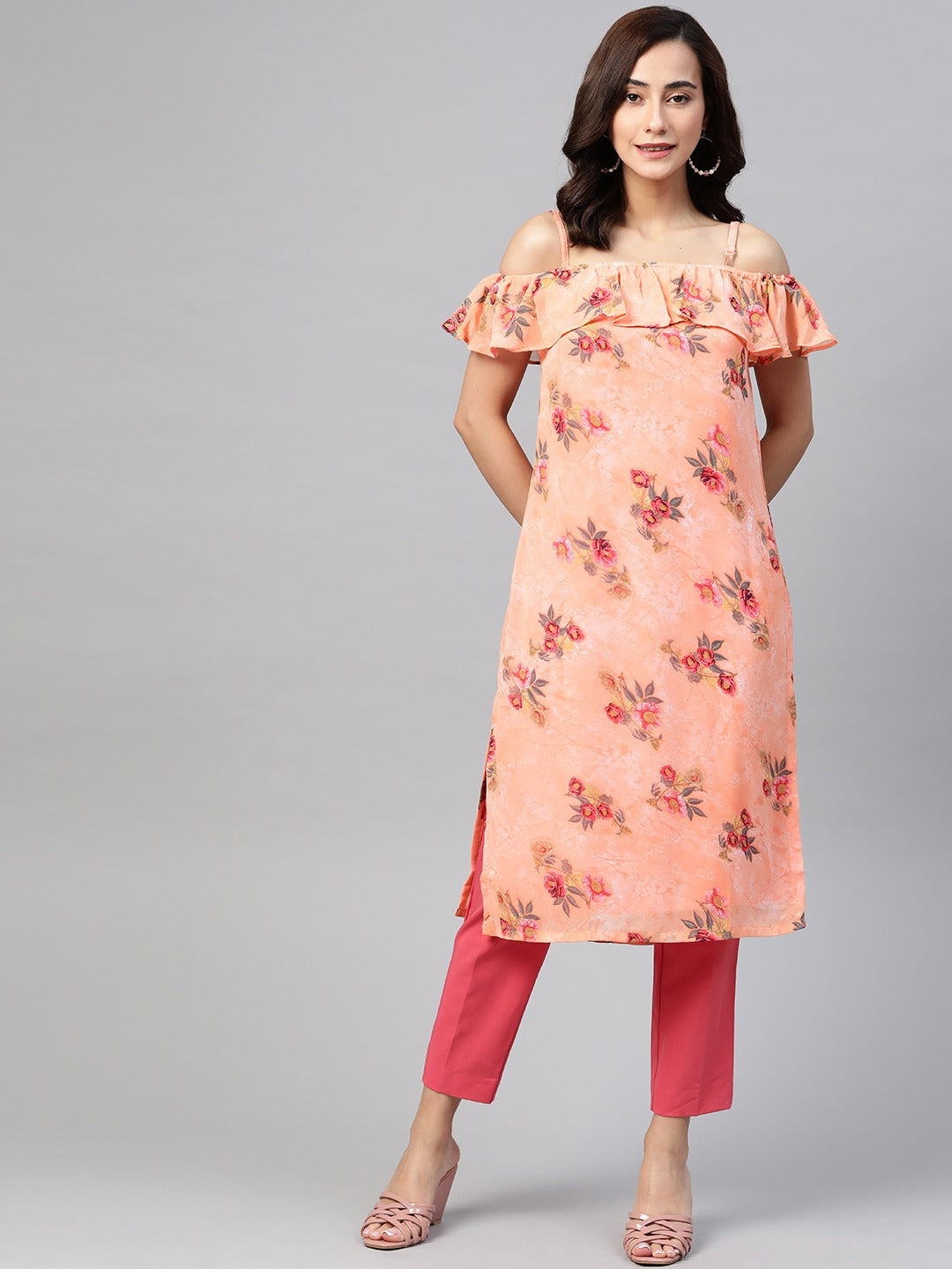 Jompers Women Peach-Coloured & Grey Floral Print Off-Shoulder Straight Kurta - Distacart