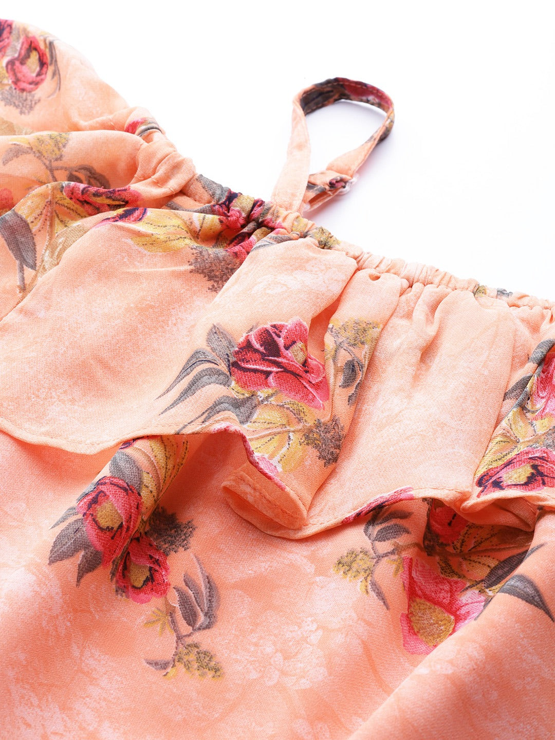 Jompers Women Peach-Coloured & Grey Floral Print Off-Shoulder Straight Kurta - Distacart