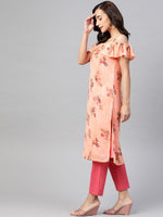 Thumbnail for Jompers Women Peach-Coloured & Grey Floral Print Off-Shoulder Straight Kurta - Distacart