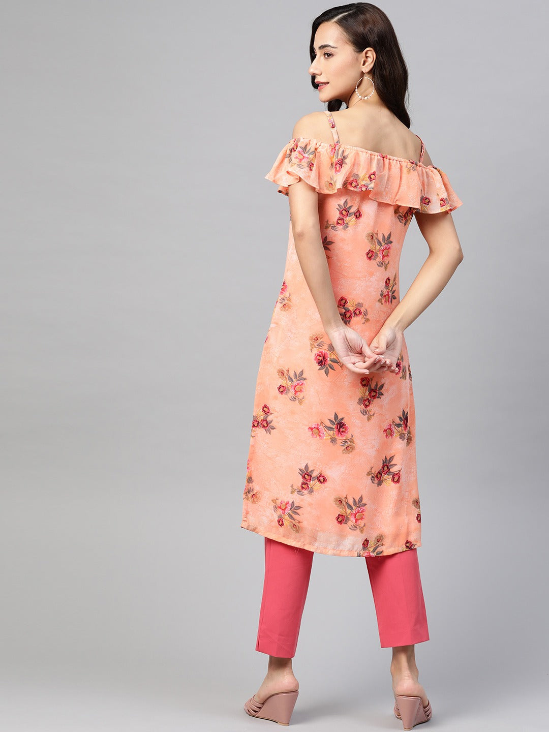 Jompers Women Peach-Coloured & Grey Floral Print Off-Shoulder Straight Kurta - Distacart