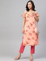 Thumbnail for Jompers Women Peach-Coloured & Grey Floral Print Off-Shoulder Straight Kurta - Distacart