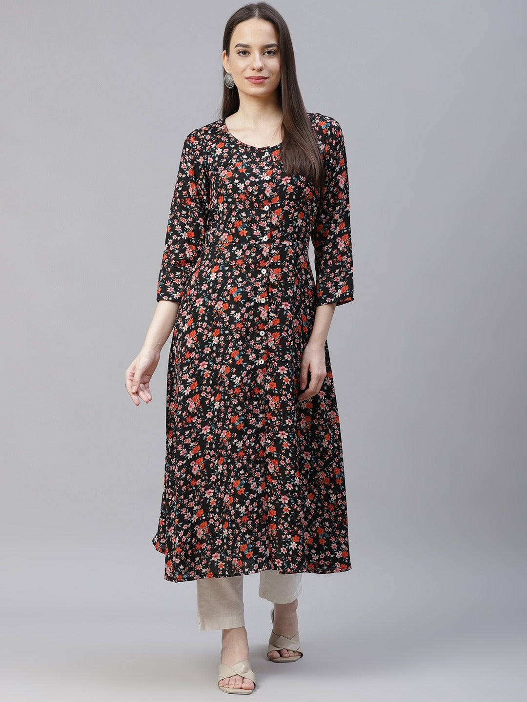 Jompers Women Black & Orange Floral Printed Floral Kurta (Black) - Distacart