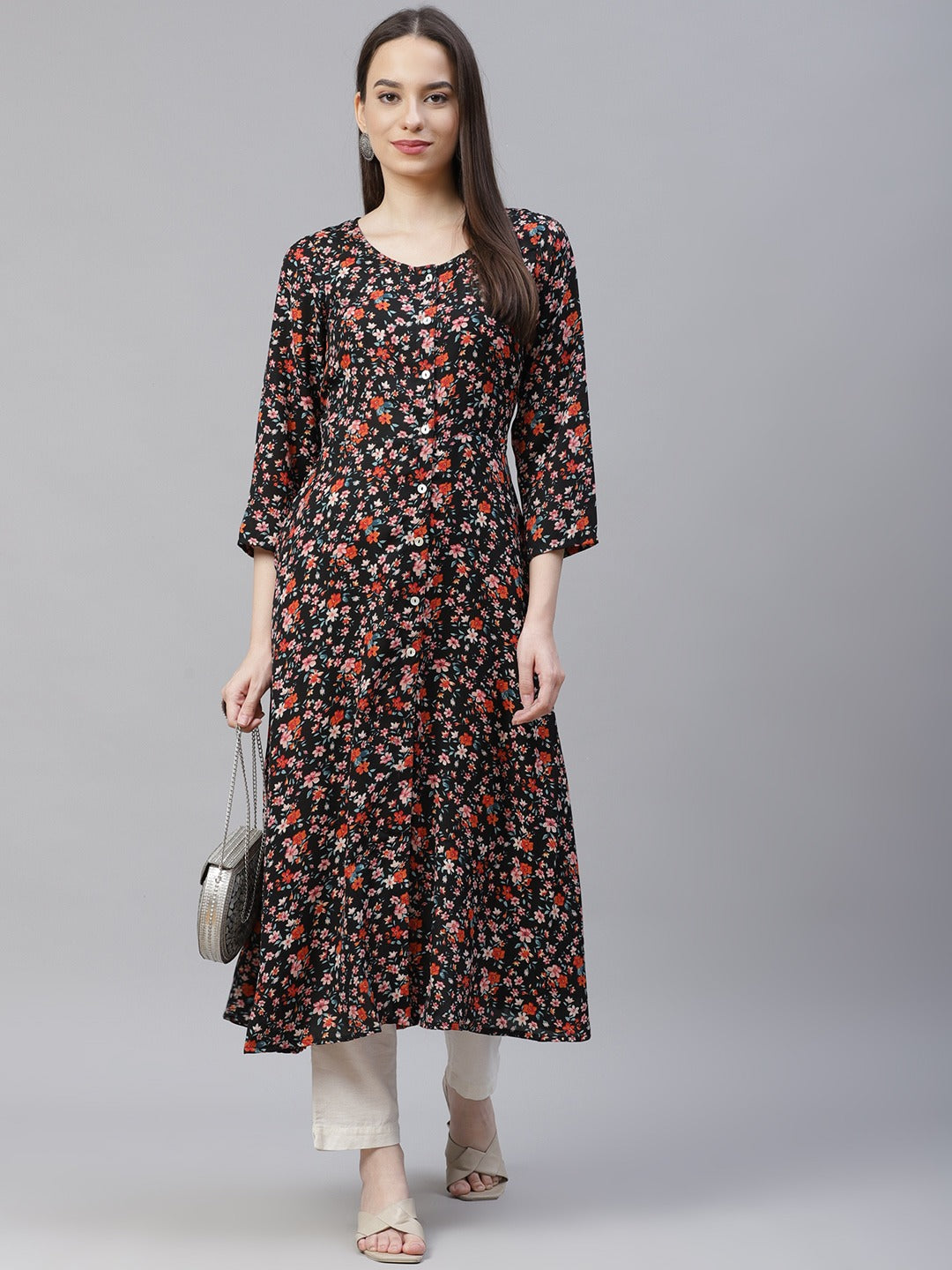 Jompers Women Black & Orange Floral Printed Floral Kurta (Black) - Distacart