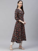 Thumbnail for Jompers Women Black & Orange Floral Printed Floral Kurta (Black) - Distacart