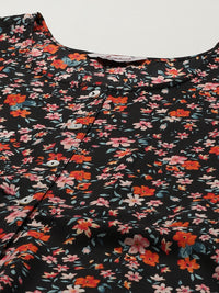 Thumbnail for Jompers Women Black & Orange Floral Printed Floral Kurta (Black) - Distacart