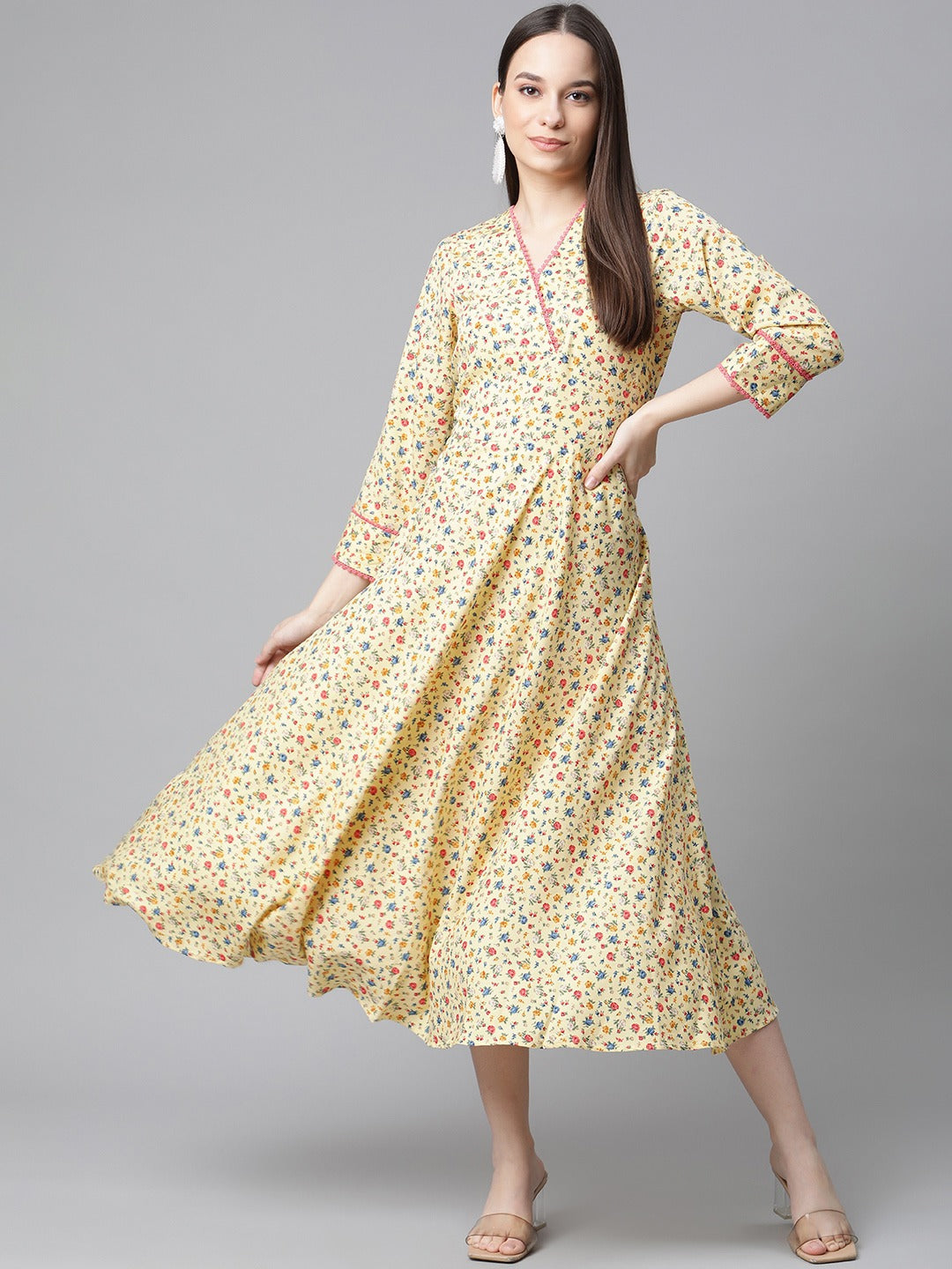 Jompers Yellow Floral printed A-Line kurta - Distacart