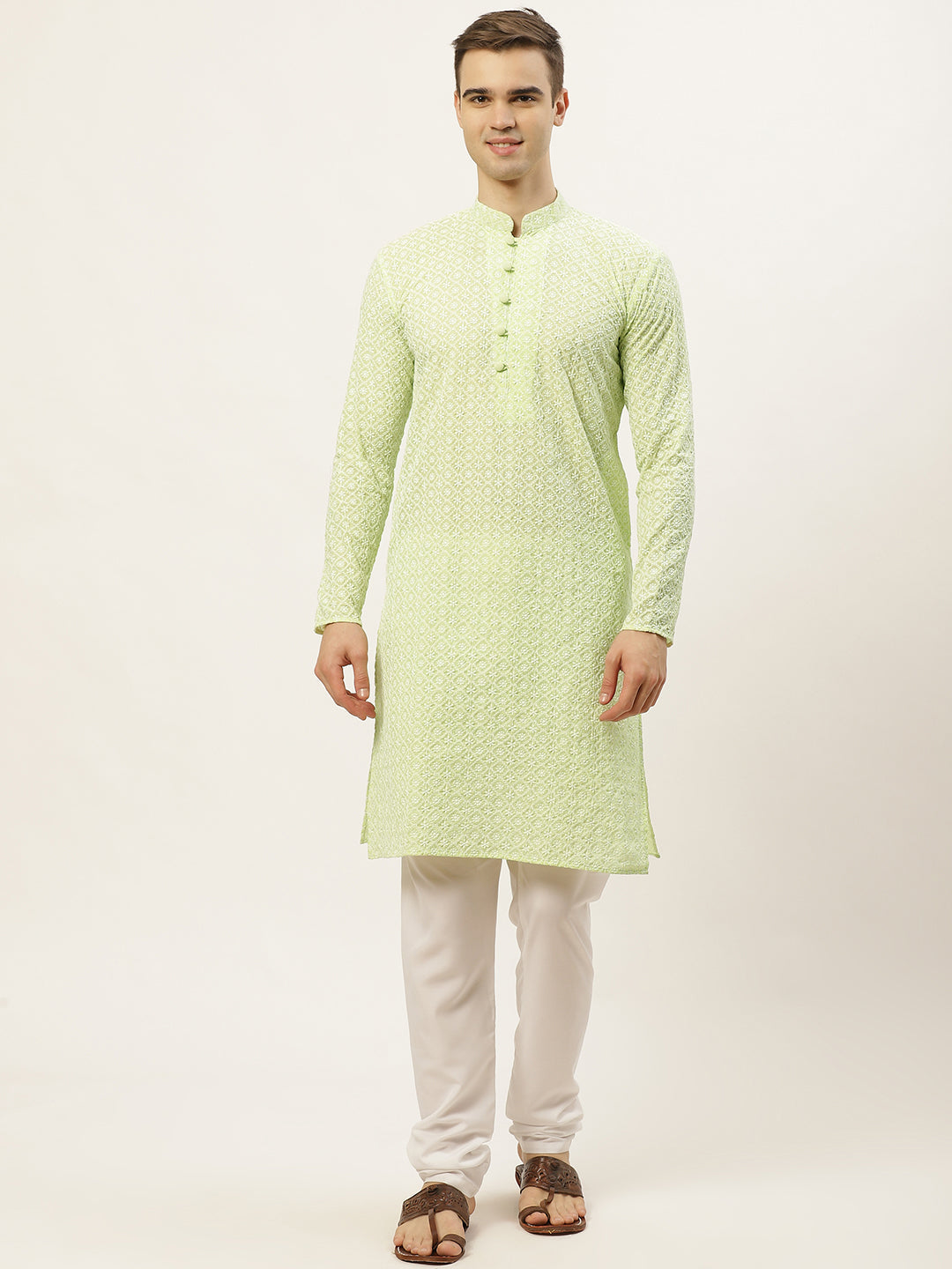 Jompers Men's Green Embroidered Kurta Only