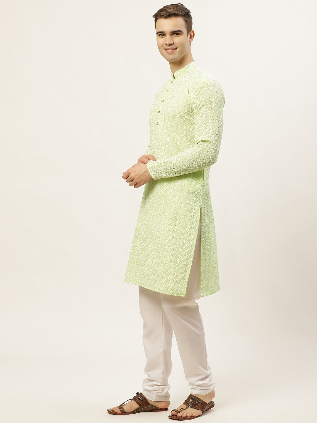 Jompers Men's Green Embroidered Kurta Only