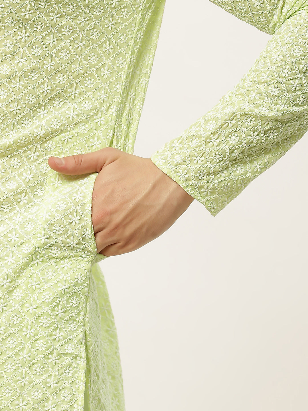 Jompers Men's Green Embroidered Kurta Only