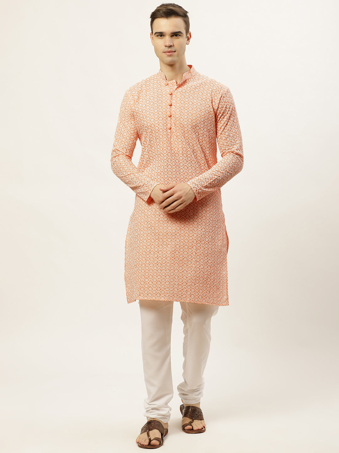 Jompers Men's Orange Embroidered Kurta Only