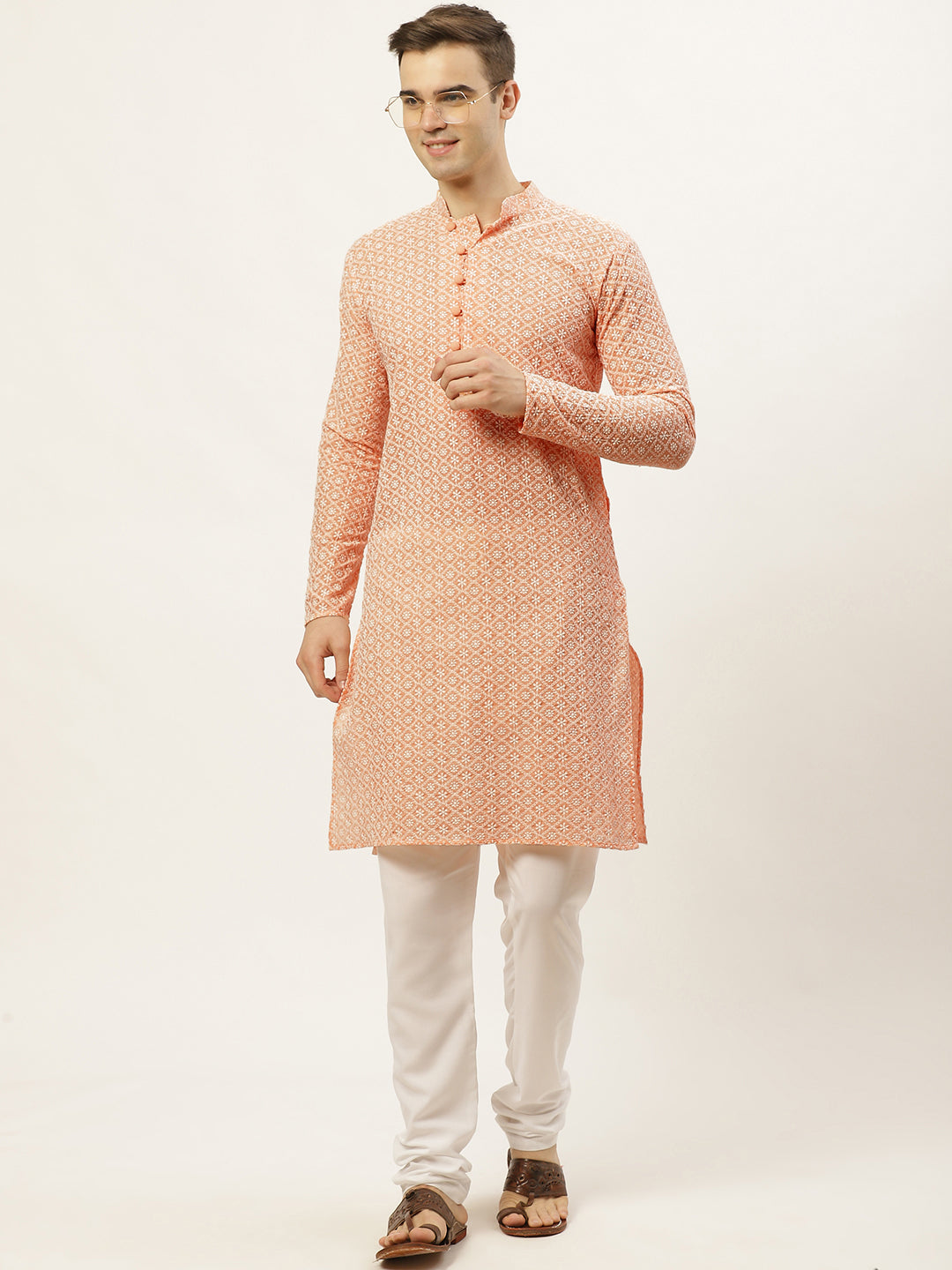 Jompers Men's Orange Embroidered Kurta Only