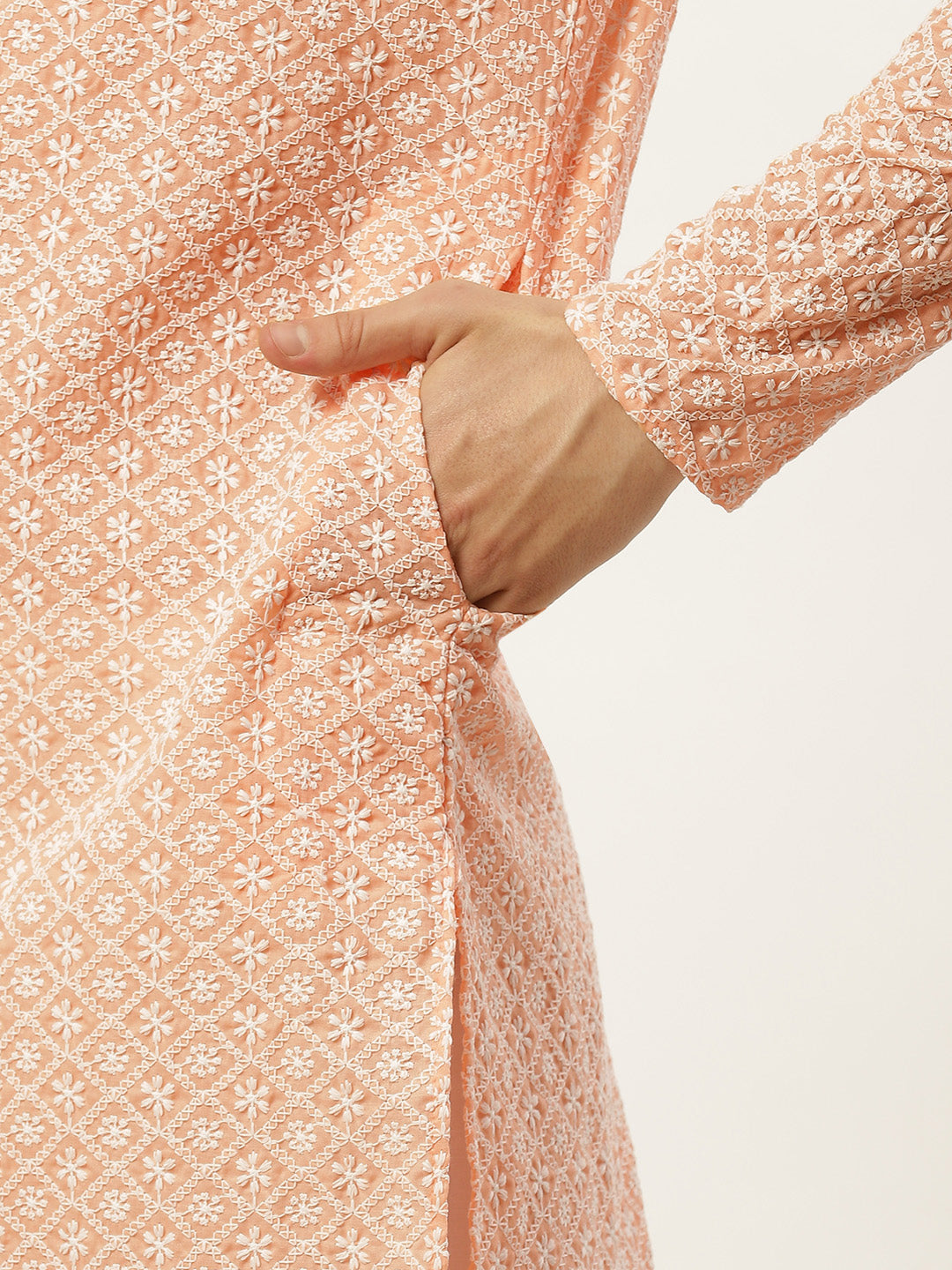 Jompers Men's Orange Embroidered Kurta Only