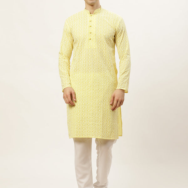 Jompers Men's Yellow Embroidered Kurta Payjama Sets