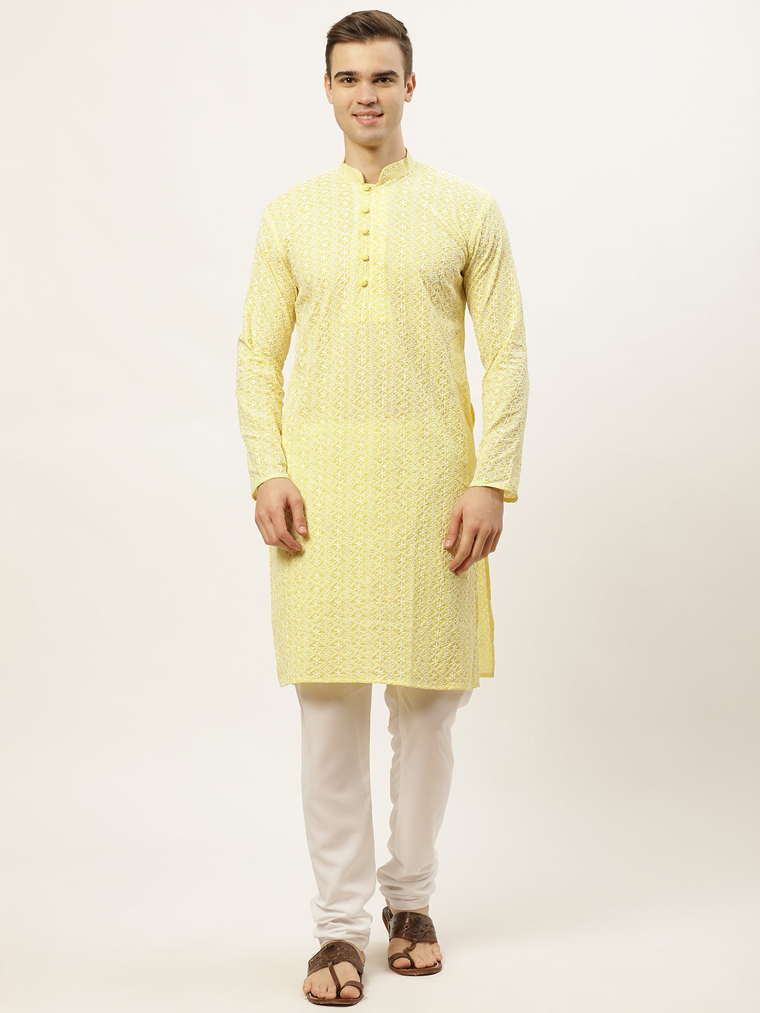 Jompers Men's Yellow Embroidered Kurta Only
