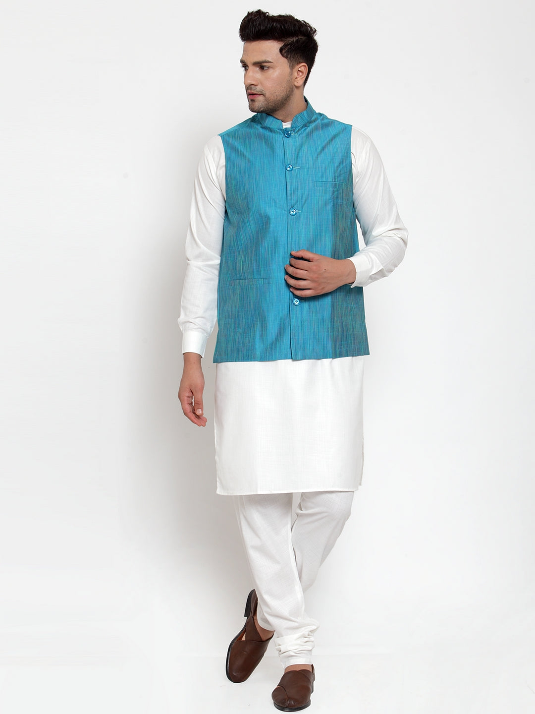 Jompers Men's White Solid Kurta with Pyjamas & Blue Nehru Jacket (Blue-W) - Distacart