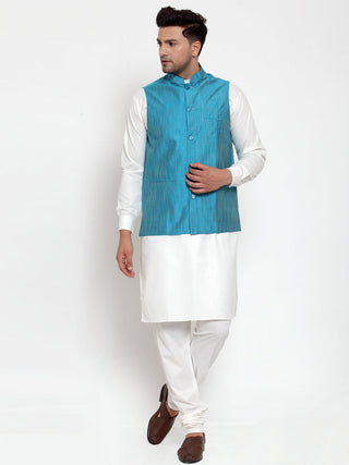 Jompers Men's White Solid Kurta with Pyjamas & Blue Nehru Jacket (Blue-W) - Distacart