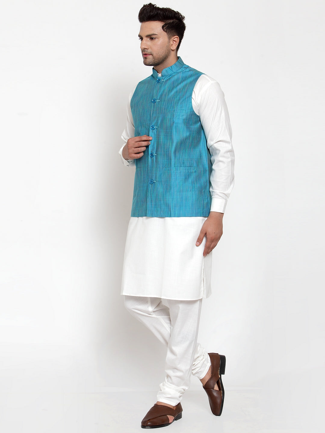 Jompers Men's White Solid Kurta with Pyjamas & Blue Nehru Jacket (Blue-W) - Distacart