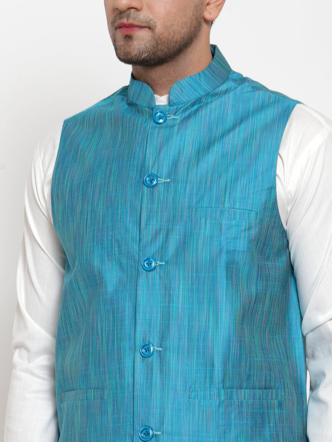 Jompers Men's White Solid Kurta with Pyjamas & Blue Nehru Jacket (Blue-W) - Distacart