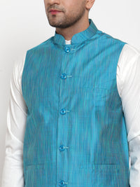 Thumbnail for Jompers Men's White Solid Kurta with Pyjamas & Blue Nehru Jacket (Blue-W) - Distacart