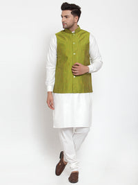 Thumbnail for Jompers Men's White Solid Kurta with Pyjamas & Green Nehru Jacket - Distacart