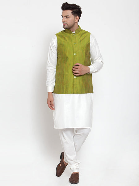 Jompers Men's White Solid Kurta with Pyjamas & Green Nehru Jacket - Distacart