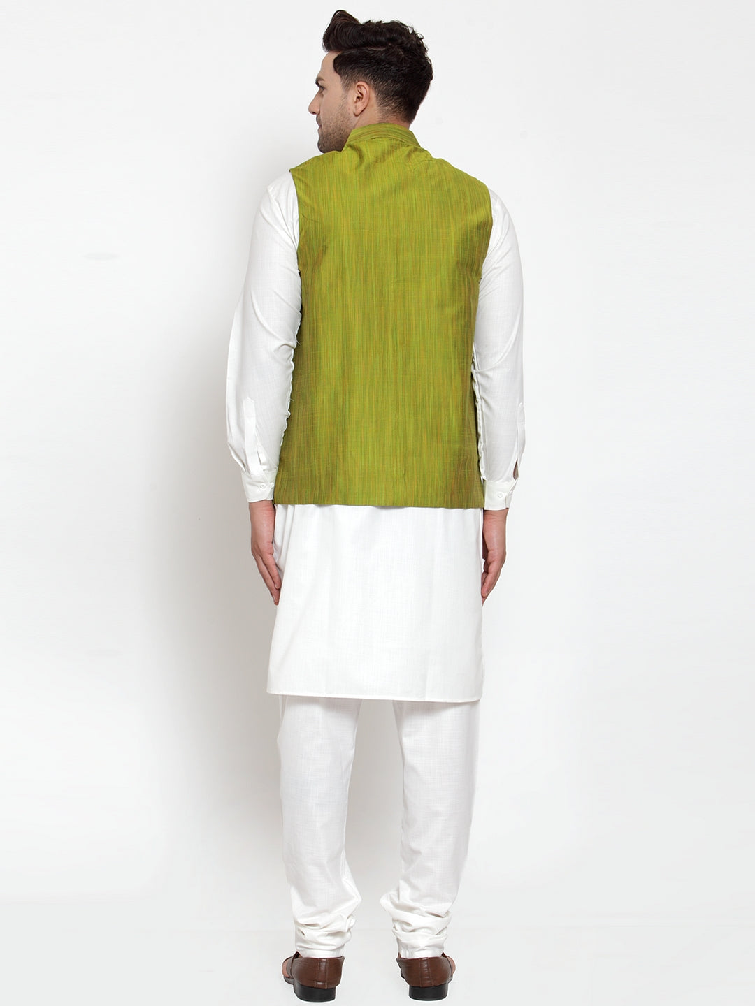 Jompers Men's White Solid Kurta with Pyjamas & Green Nehru Jacket - Distacart