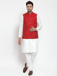 Thumbnail for Jompers Men's White Solid Kurta with Pyjamas & Red Nehru Jacket - Distacart