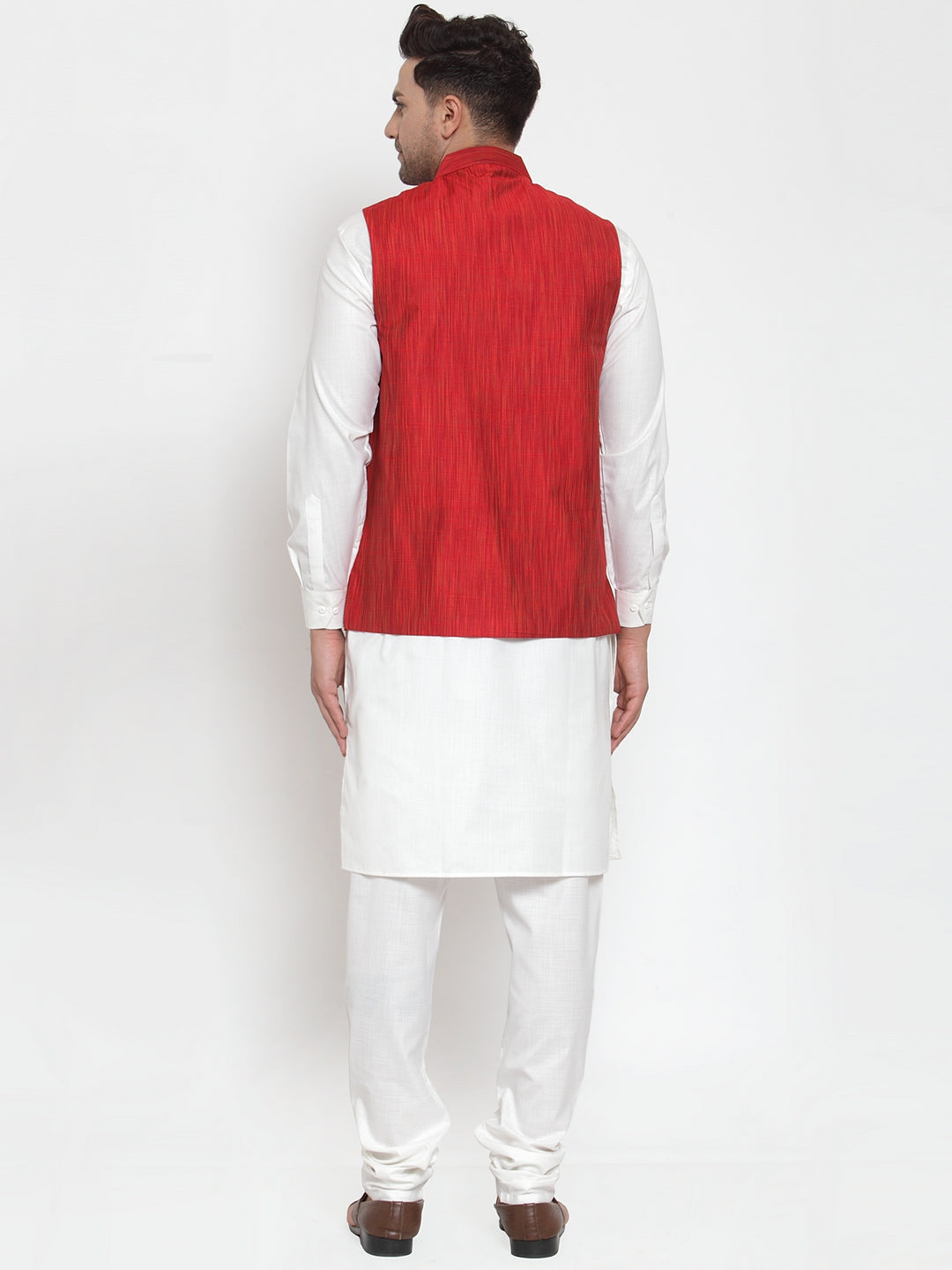 Jompers Men's White Solid Kurta with Pyjamas & Red Nehru Jacket - Distacart