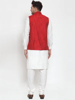 Thumbnail for Jompers Men's White Solid Kurta with Pyjamas & Red Nehru Jacket - Distacart