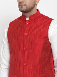 Thumbnail for Jompers Men's White Solid Kurta with Pyjamas & Red Nehru Jacket - Distacart