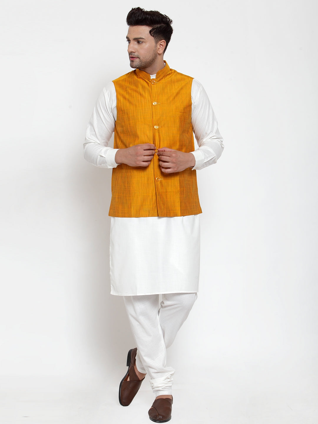 Jompers Men's White Solid Kurta with Pyjamas & Yellow Nehru Jacket - Distacart